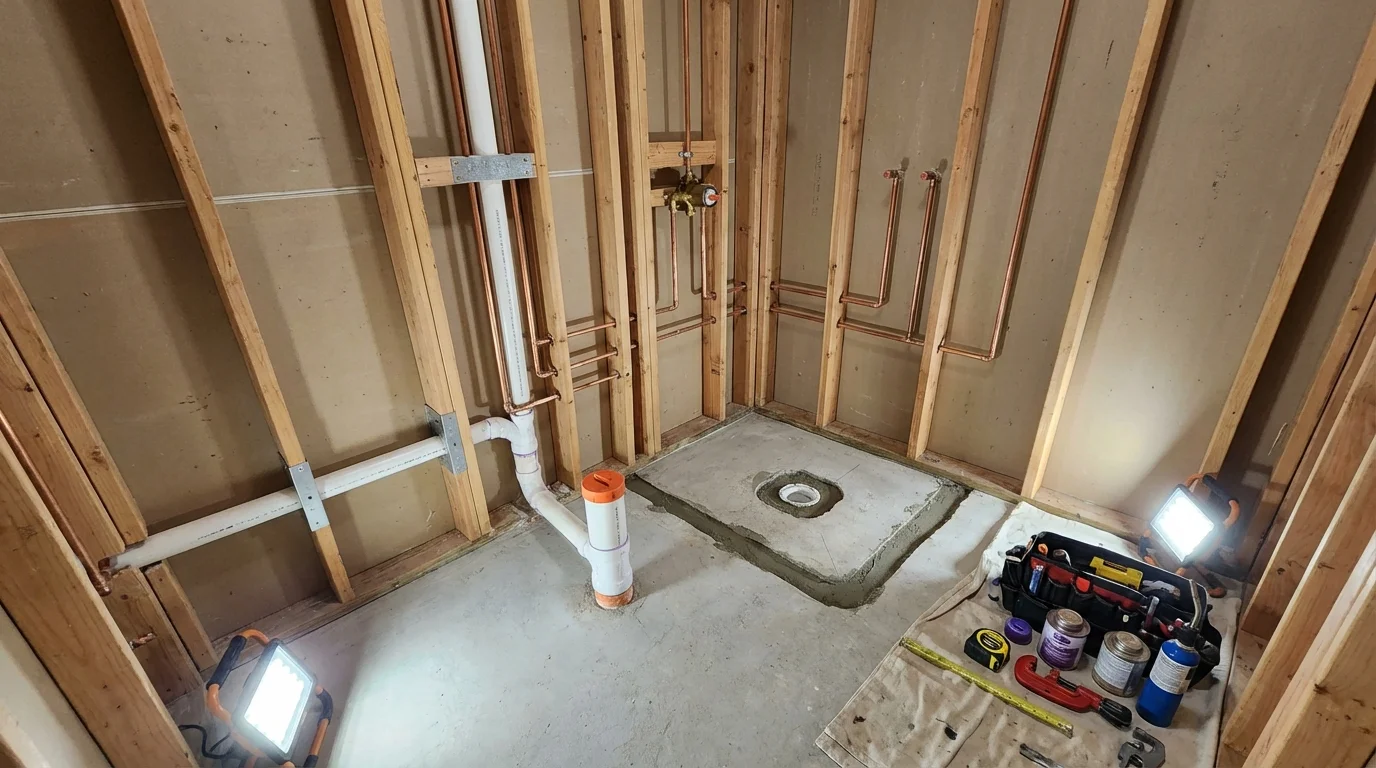 Bathroom rough-in plumbing during remodel by Johns Plumbing LLC in Lake Worth