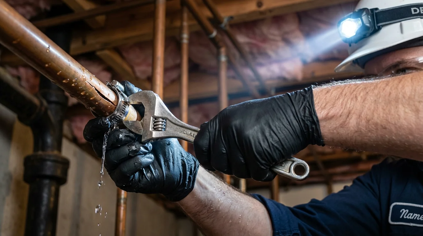 Emergency pipe clamp repair being performed by a Johns Plumbing LLC plumber in Lake Worth