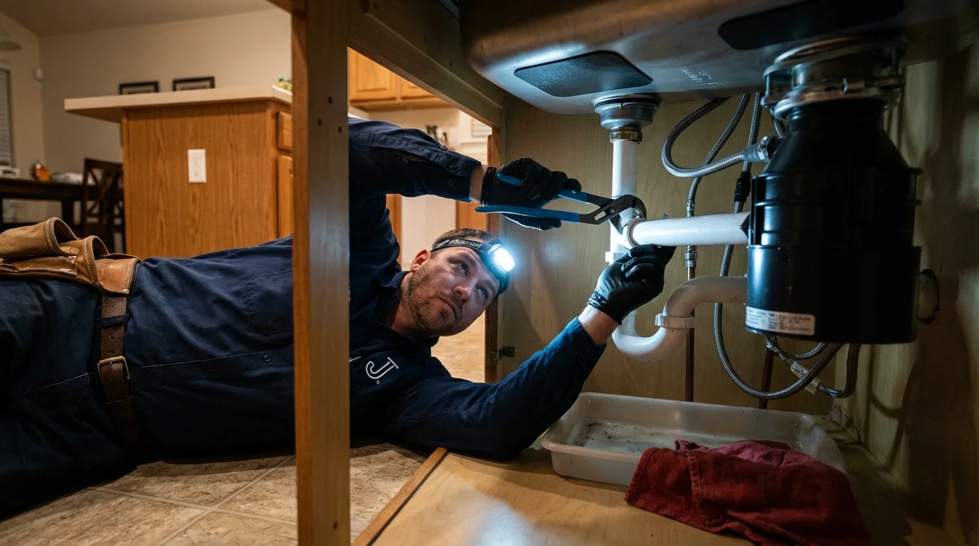 P-trap and supply line connections under a kitchen sink showing a common leak point in Lake Worth, FL